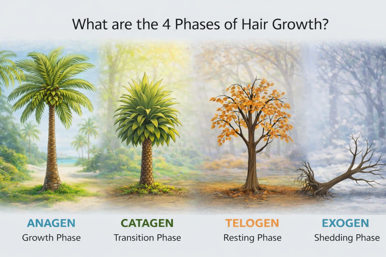 The four phases of the hair growth cycle: Anagen, Catagen, Telogen, Exogen